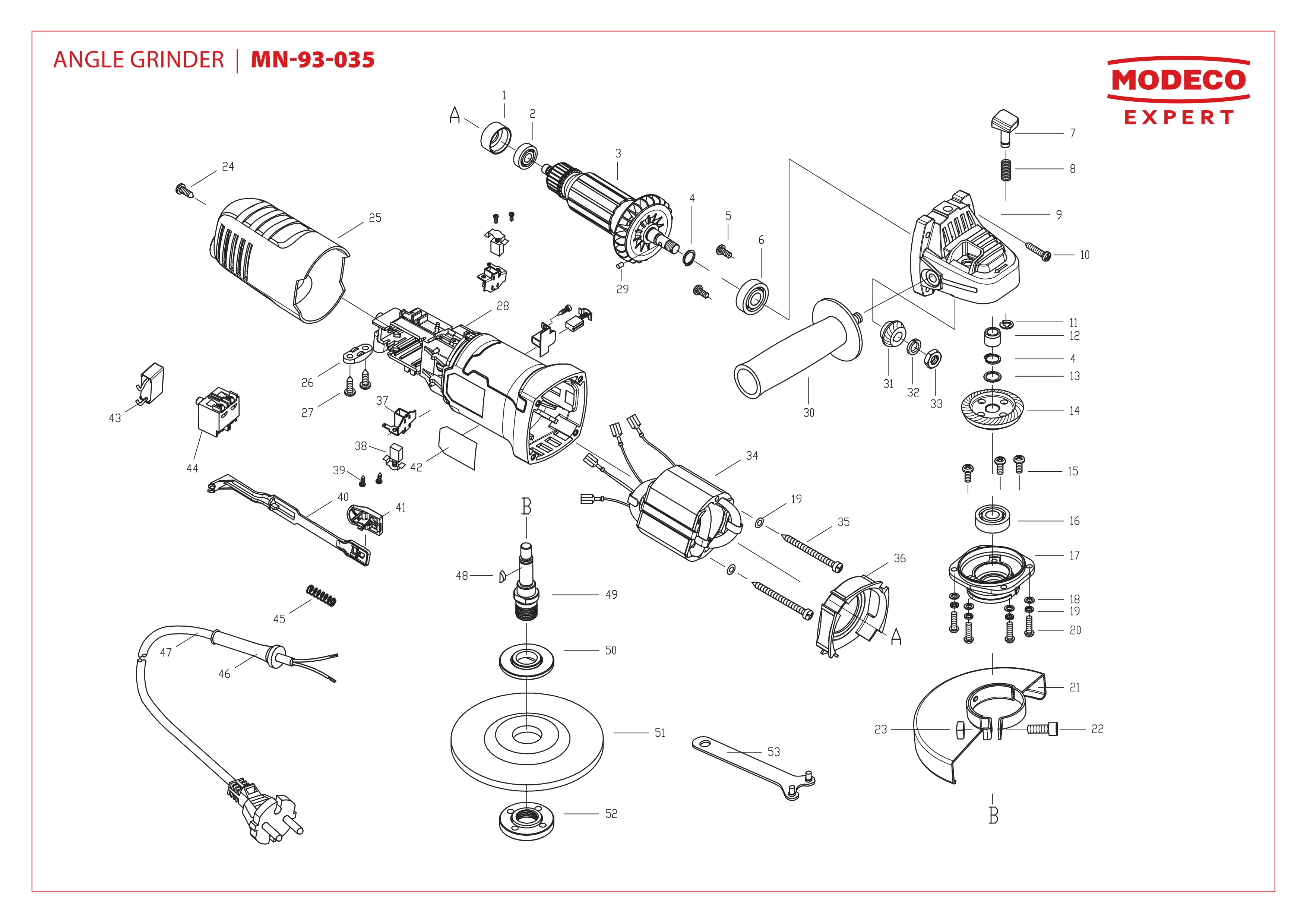 Rysunek techniczny (exploded view) szlifierki kątowej Modeco Expert MN-93-035 z numeracją wszystkich części zamiennych